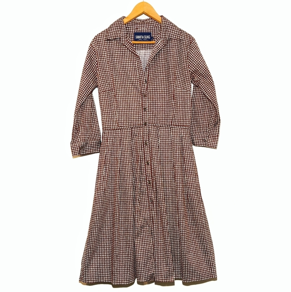 SAMANTHA SUNG Audrey Shirt Dress Red White Houndstooth 3/4 Midi Plaid Size 8